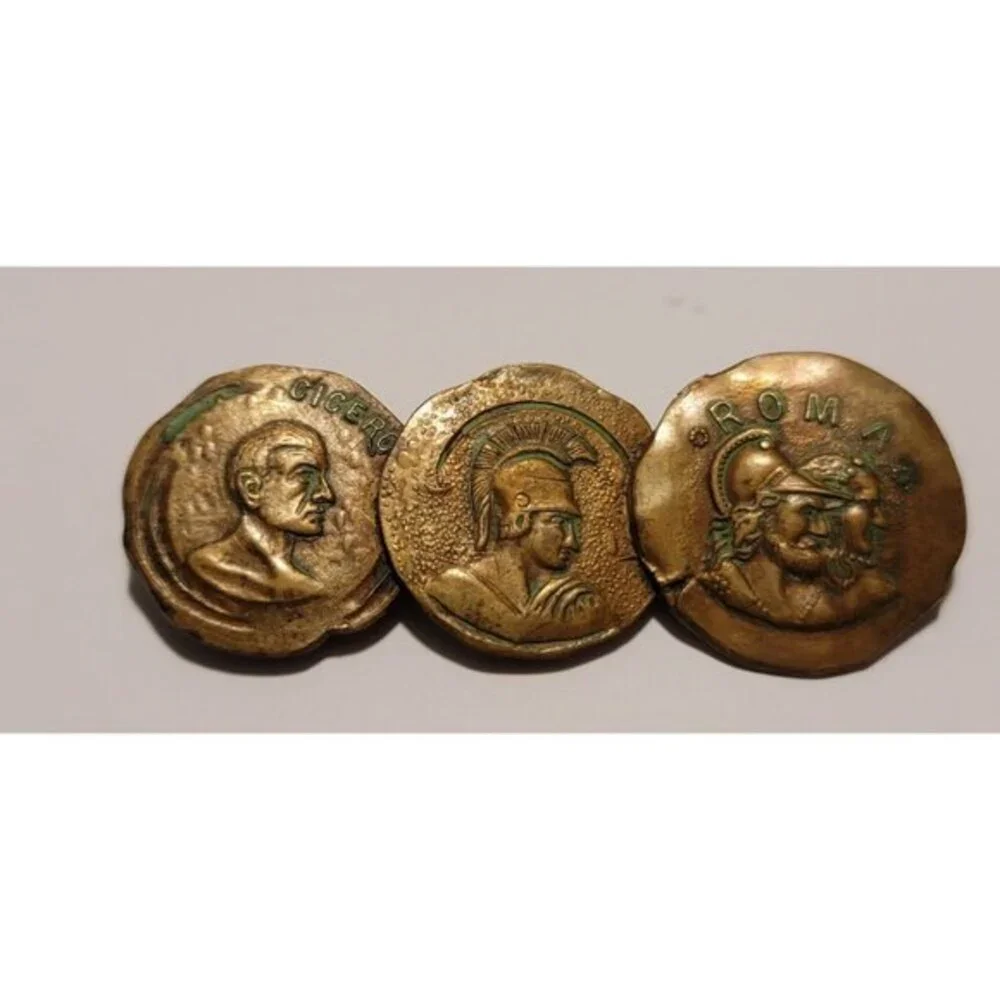Vintage Roman Coin Brooch – Brass Tone 3-Coin Design, Cicero & Roma Motif